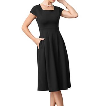 Retro Evening Dresses for Womens Vintage Square Neck Cap Sleeve Fit and Flare Midi Cocktail Dress