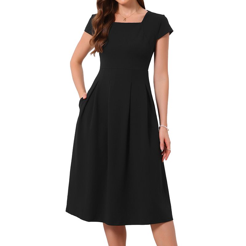 Retro Evening Dresses for Womens Vintage Square Neck Cap Sleeve Fit and Flare Midi Cocktail Dress