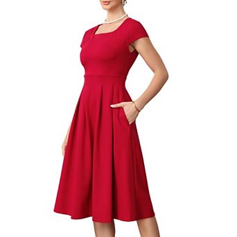 Retro Evening Dresses for Womens Vintage Square Neck Cap Sleeve Fit and Flare Midi Cocktail Dress