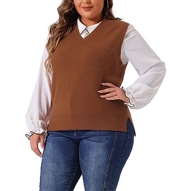 Women's Plus Size Sweater Vest V Neck Knit Vests Solid Classic Sleeveless Pullover Sweaters Tops