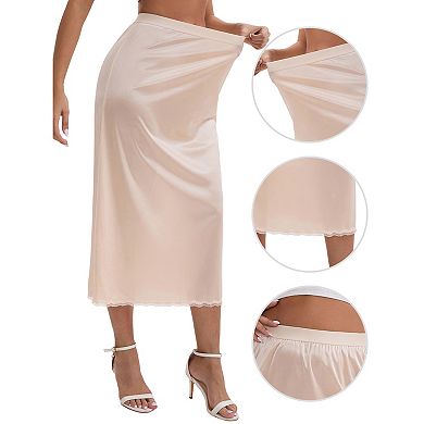 Women's Satin Lace Trim Flared Hem Half Slip Relaxed Fit Lightweight Solid Maxi Petticoat