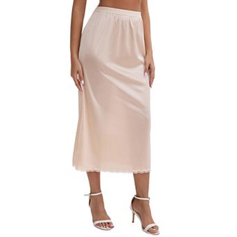 Women's Satin Lace Trim Flared Hem Half Slip Relaxed Fit Lightweight Solid Maxi Petticoat