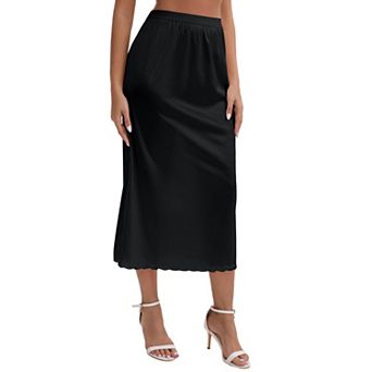 Women's Satin Lace Trim Flared Hem Half Slip Relaxed Fit Lightweight Solid Maxi Petticoat