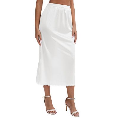 Women's Satin Lace Trim Flared Hem Half Slip Relaxed Fit Lightweight Solid  Maxi Petticoat