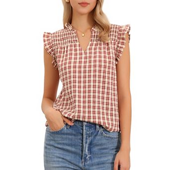 Womens Tank Tops Plaid Ruffle Sleeve Smocked V Neck Cute Sleeveless Blouse