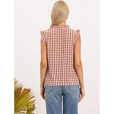 Womens Tank Tops Plaid Ruffle Sleeve Smocked V Neck Cute Sleeveless Blouse