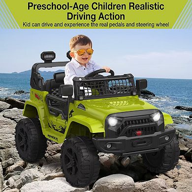 12V Kids Ride On Truck Remote Control 3 Speed Modes 4 Tire Suspension LED Emergency Braking