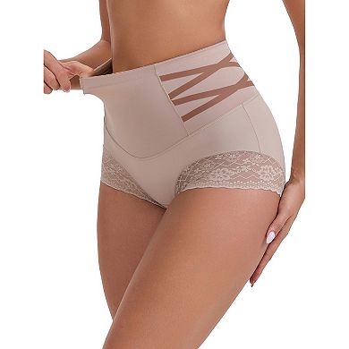 Women's High-Waisted Tummy Control Hip Lifting Briefs Lace Trim Comfortable and Breathable Panties