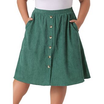 Women's Plus Size Midi Skirts Elastic High Waist Button Front A Line Midi Corduroy Skirts W Pocket