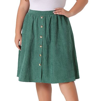 Women's Plus Size Midi Skirts Elastic High Waist Button Front A Line Midi Corduroy Skirts W Pocket
