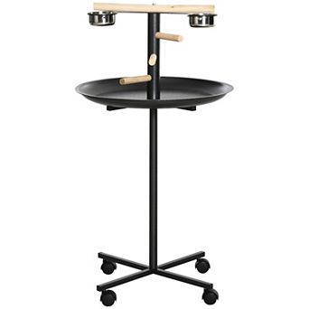 Portable Small Bird Perch Station with Wheels, Perches, Stainless Steel Bowls and Round Tray