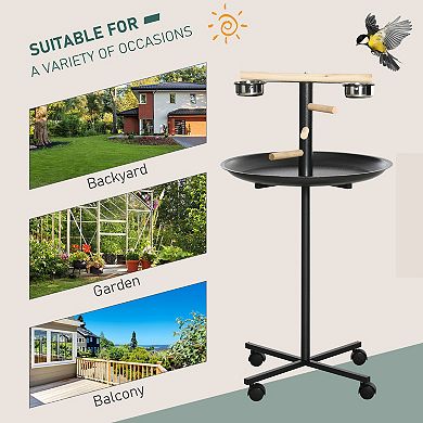 Portable Small Bird Perch Station with Wheels, Perches, Stainless Steel Bowls and Round Tray
