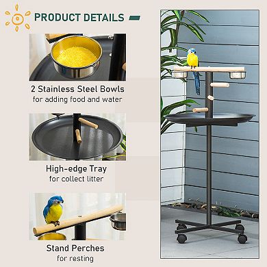 Portable Small Bird Perch Station with Wheels, Perches, Stainless Steel Bowls and Round Tray