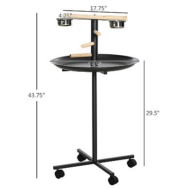 Portable Small Bird Perch Station with Wheels, Perches, Stainless Steel Bowls and Round Tray
