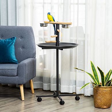 Portable Small Bird Perch Station with Wheels, Perches, Stainless Steel Bowls and Round Tray