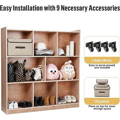 Mobile 8-Shelf Wooden Bookcase with Casters & Storage Boxes, Easy-Clean Montessori Organizer