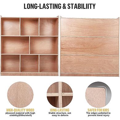 Mobile 8-Shelf Wooden Bookcase with Casters & Storage Boxes, Easy-Clean Montessori Organizer