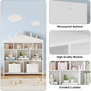 9-Cubby Kids' Toy Storage & Bookshelf Organizer, Dollhouse-Style Wooden Bookcase