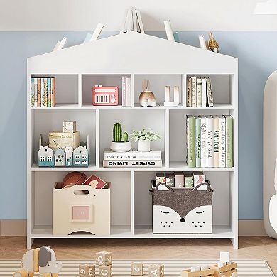 9-Cubby Kids' Toy Storage & Bookshelf Organizer, Dollhouse-Style Wooden Bookcase