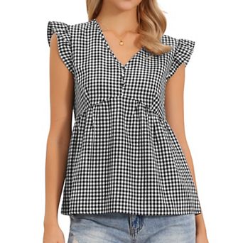 Summer Gingham Top for Women Sleeveless V Neck Peplum Casual Plaid Shirt Tops
