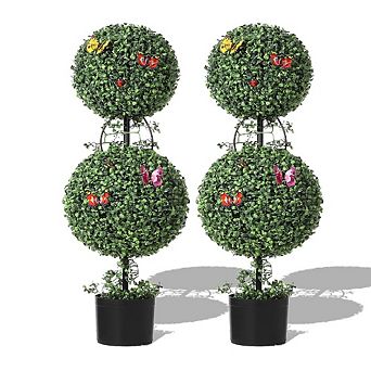 2-Pack Artificial Triple Ball Topiary Trees with Trophy Pots for Porch & Home Decor