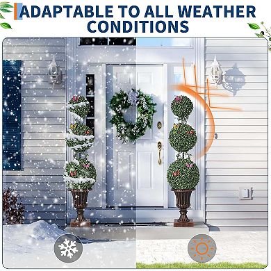 2-Pack Artificial Triple Ball Topiary Trees with Trophy Pots for Porch & Home Decor