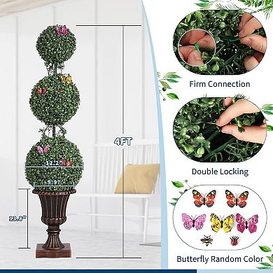 2-Pack Artificial Triple Ball Topiary Trees with Trophy Pots for Porch & Home Decor