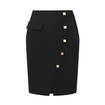 Women's Knee Length Skirt Button Decor Slit Work Formal Pencil Skirts