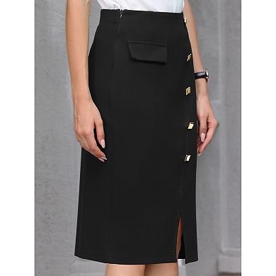 Women's Knee Length Skirt Button Decor Slit Work Formal Pencil Skirts
