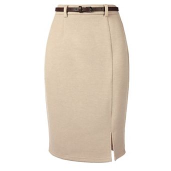 Pencil Skirt for Women Knee Length High Waisted Elegant Office Work Midi Skirts with Belt