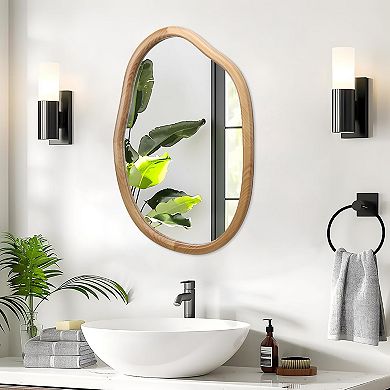 Irregular Brown Wood Wall Mirror for Living Room, 22 x 32 Inch