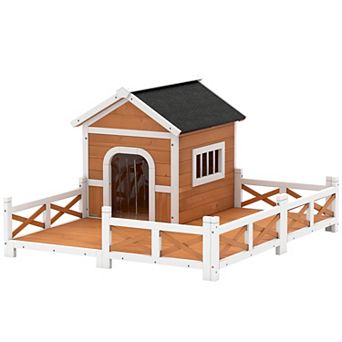 PawHut Outdoor Dog House, Wooden Dog House with Large Porch