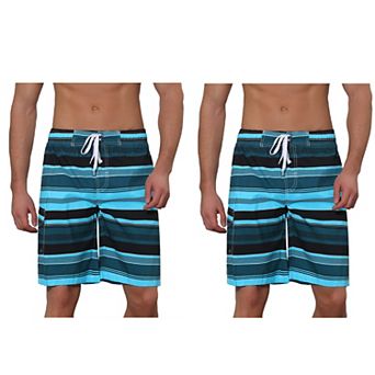 2 Packs Men's Drawstring Stripes Printed Color Block Beach Pool Board Shorts