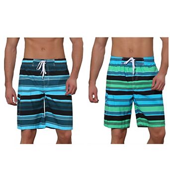 2 Packs Men's Drawstring Stripes Printed Color Block Beach Pool Board Shorts