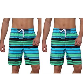 2 Packs Men's Drawstring Stripes Printed Color Block Beach Pool Board Shorts