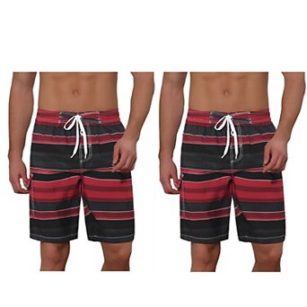 2 Packs Men's Drawstring Stripes Printed Color Block Beach Pool Board Shorts