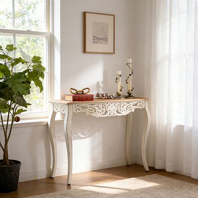 43.31" French Country Carved Wood Console Table, Distressed White and Brown