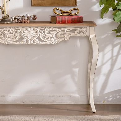 43.31" French Country Carved Wood Console Table, Distressed White and Brown