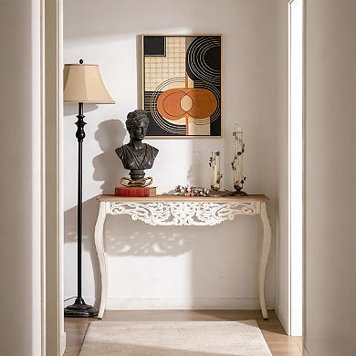 43.31" French Country Carved Wood Console Table, Distressed White and Brown