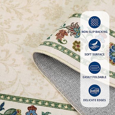 Floral Bordered Machine Washable Rugs Non Slip Soft Non Shedding Foldable Indoor Carpet