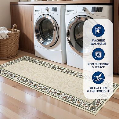 Floral Bordered Machine Washable Rugs Non Slip Soft Non Shedding Foldable Indoor Carpet