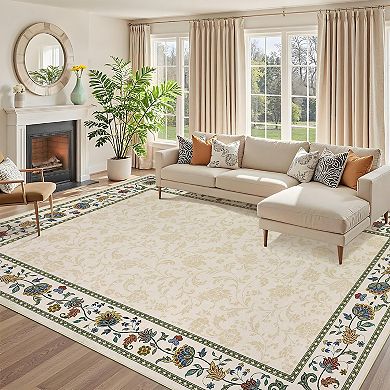 Floral Bordered Machine Washable Rugs Non Slip Soft Non Shedding Foldable Indoor Carpet