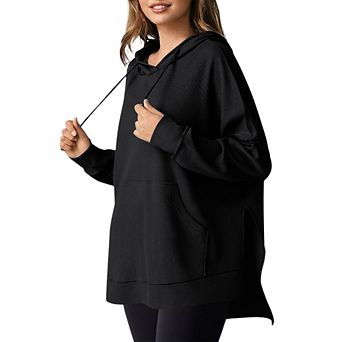 Oversized Hoodies for Women Casual Long Sleeve Waffle Knit Drawstring Side Slit Pullover Sweatshirts