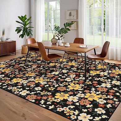 Farmhouse Floral Washable Rug Non Shedding Stain Resistant Soft Thin Foldable Floor Carpet