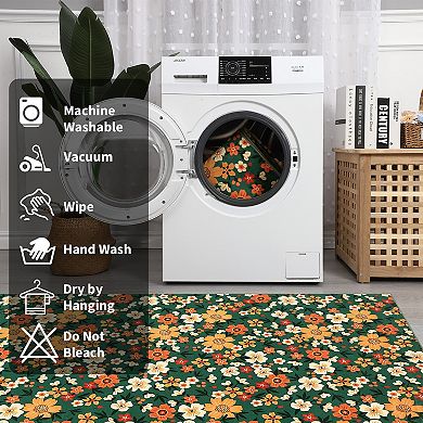 Farmhouse Floral Washable Rug Non Shedding Stain Resistant Soft Thin Foldable Floor Carpet