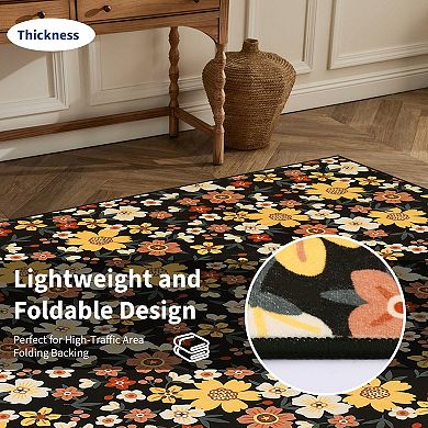 Farmhouse Floral Washable Rug Non Shedding Stain Resistant Soft Thin Foldable Floor Carpet