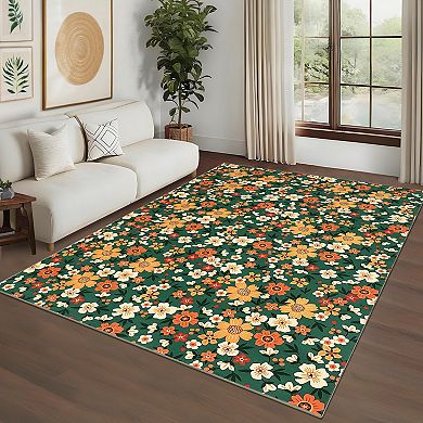 Farmhouse Floral Washable Rug Non Shedding Stain Resistant Soft Thin Foldable Floor Carpet