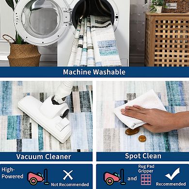 Geometric Patchwork Washable Rug with Non Slip Backing Stain Resistant Easy Cleaning Throw Carpet