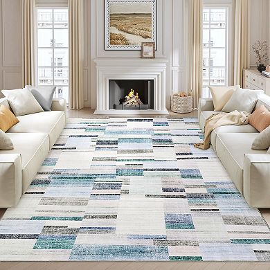 Geometric Patchwork Washable Rug with Non Slip Backing Stain Resistant Easy Cleaning Throw Carpet