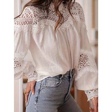 Women’s Elegant Lace Shirts Hollow Out Embroidered Victorian Blouse Long Sleeve Boho Tops
